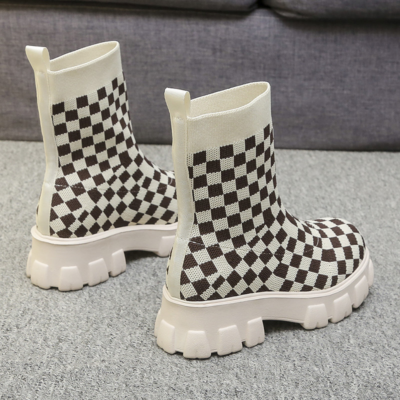 Φτηνά γυναικεία παπούτσια Ασπρόμαυρα καρό μόδας πλεκτό ύφασμα Μπότες με χοντρή σόλα Μεγάλο μέγεθος σποτ
