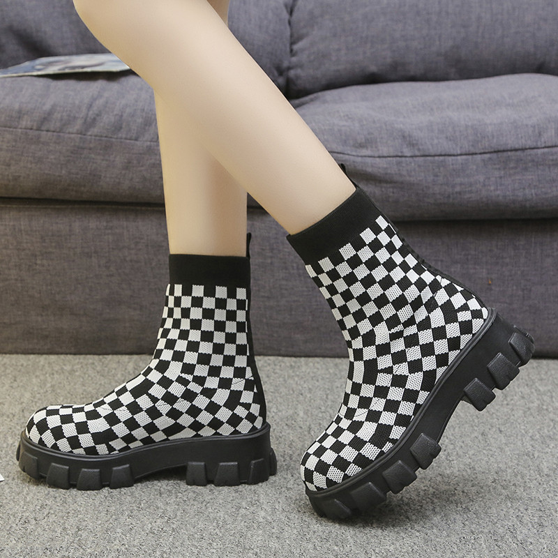 Φτηνά γυναικεία παπούτσια Ασπρόμαυρα καρό μόδας πλεκτό ύφασμα Μπότες με χοντρή σόλα Μεγάλο μέγεθος σποτ