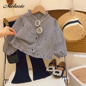 Σετ για κορίτσια Menoea Νέο Sweet Ruffle καρό τοπ με V λαιμόκοψη + Παντελόνι με σπαστά πόδια Σετ δύο τεμαχίων για παιδιά και κορίτσια Ευέλικτο σετ μόδας