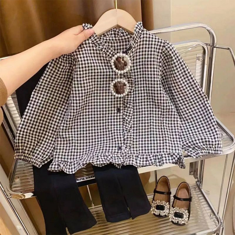 Σετ για κορίτσια Menoea Νέο Sweet Ruffle καρό τοπ με V λαιμόκοψη + Παντελόνι με σπαστά πόδια Σετ δύο τεμαχίων για παιδιά και κορίτσια Ευέλικτο σετ μόδας