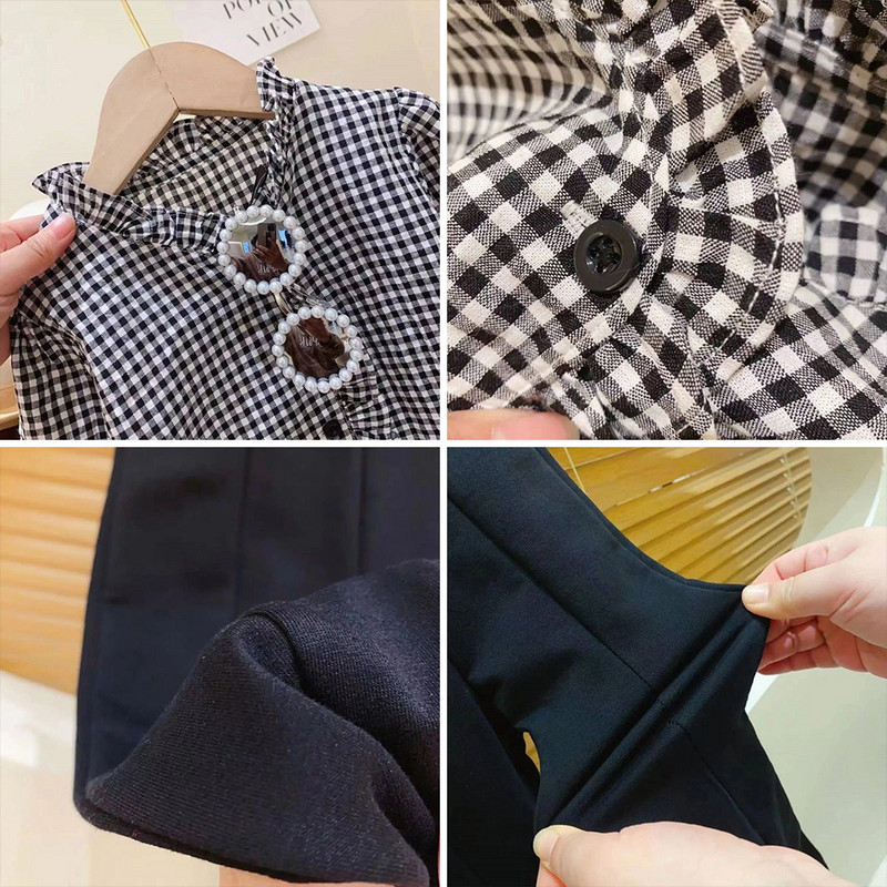 Σετ για κορίτσια Menoea Νέο Sweet Ruffle καρό τοπ με V λαιμόκοψη + Παντελόνι με σπαστά πόδια Σετ δύο τεμαχίων για παιδιά και κορίτσια Ευέλικτο σετ μόδας