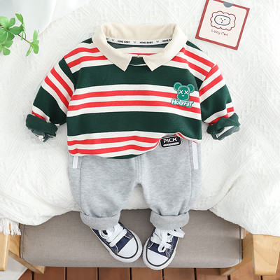 Korea beebide sügisriided 2023. aasta kevade pikkade varrukatega triibuline polosärk, dressipüksid, 2 tk. ülikond, rõivad poistele, poistele