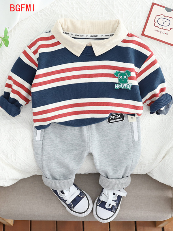 Korea beebide sügisriided 2023. aasta kevade pikkade varrukatega triibuline polosärk, dressipüksid, 2 tk. ülikond, rõivad poistele, poistele