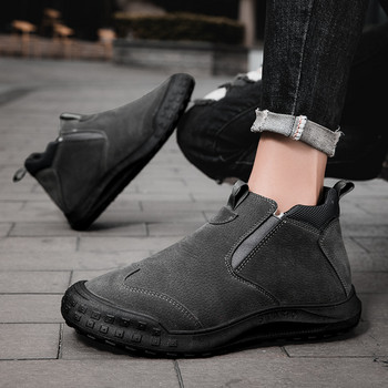 Ботуши на платформа със страничен цип Нови обувки за мъже Зимни плюс кадифени топли мъжки ботуши Универсални нехлъзгащи се ботуши с кръгли пръсти с дължина до глезена