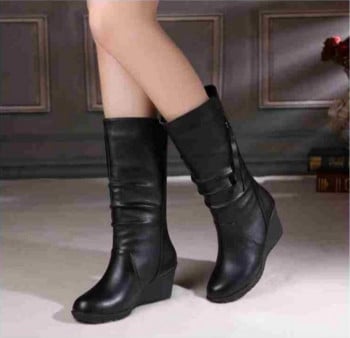 Зимни топли кожени ботуши Дамски ботуши Високи токчета Страничен цип Дамски обувки Черни дамски ботуши Обувки Ботуши на танкетка Дамски обувки