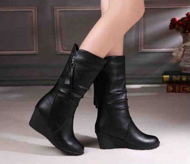 Χειμερινές ζεστές γούνινες μπότες Γυναικείες μπότες Ψηλοτάκουνα Γυναικεία παπούτσια με φερμουάρ στο πλάι Μαύρα γυναικεία παπούτσια Παπούτσια Wedge μπότες Γυναικεία παπούτσια