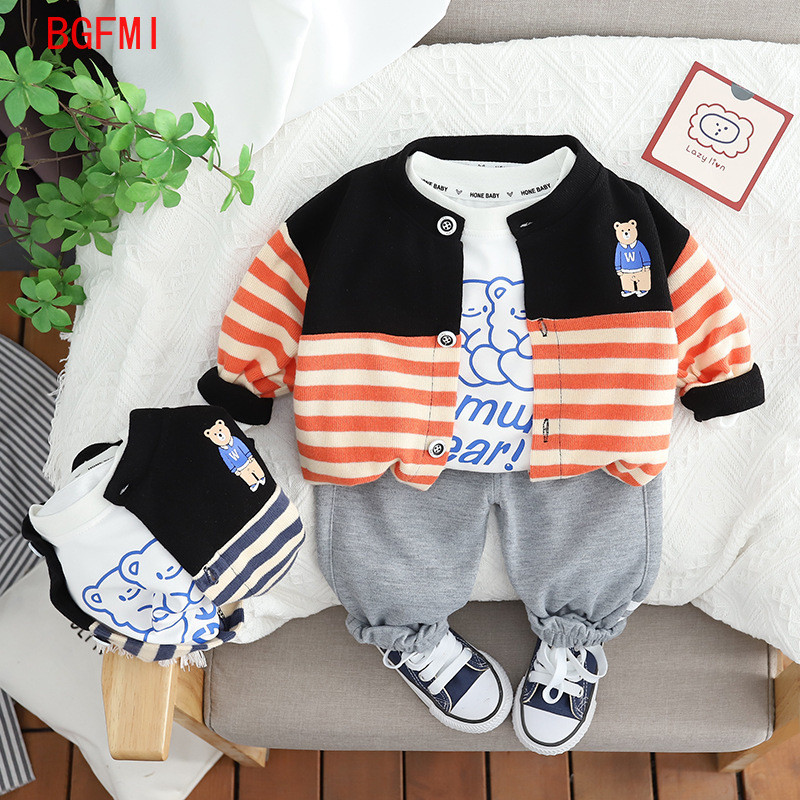 Korea 2023. aasta sügisene beebiriided Kevadine multikas karu triibuline silmkoeline mantel Puuvillane T-särk dressipüksid 3 tk ülikond meeste beebiriided