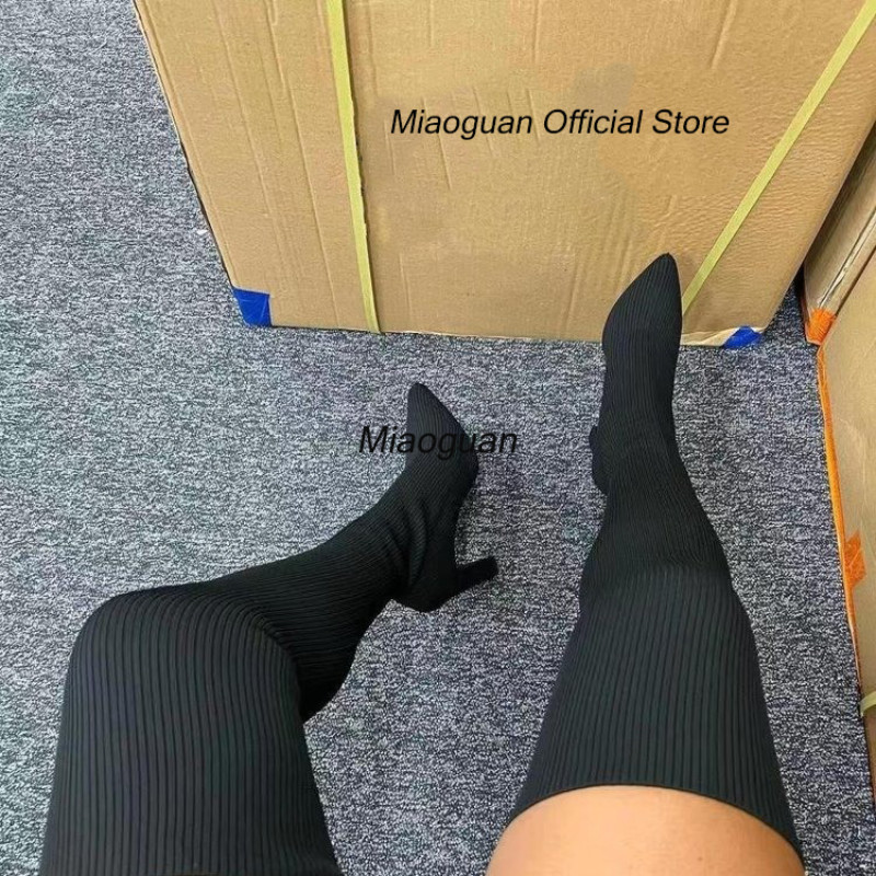 Dámske čižmy na vysokom podpätku, nové jesenné a zimné módne pletené elastické čižmy, dámske retro dlhé čižmy, čižmy do stredu ponožky, botas mujer