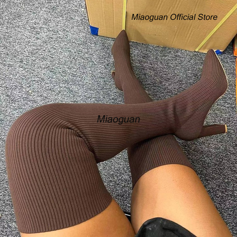 Dámske čižmy na vysokom podpätku, nové jesenné a zimné módne pletené elastické čižmy, dámske retro dlhé čižmy, čižmy do stredu ponožky, botas mujer