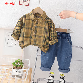 Корейски пролетни бебешки есенни дрехи 2023 г. Карирани ризи с дълъг ръкав Дънки Панталони Костюм от две части Облекла за деца Момчета 1-5 г.