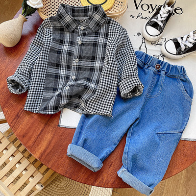 Korea kevadised beebide sügisriided 2023 pikkade varrukatega ruudulised särgid Teksad Püksid Kaheosalised ülikonnad 1–5-aastastele poistele