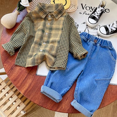 Korea kevadised beebide sügisriided 2023 pikkade varrukatega ruudulised särgid Teksad Püksid Kaheosalised ülikonnad 1–5-aastastele poistele