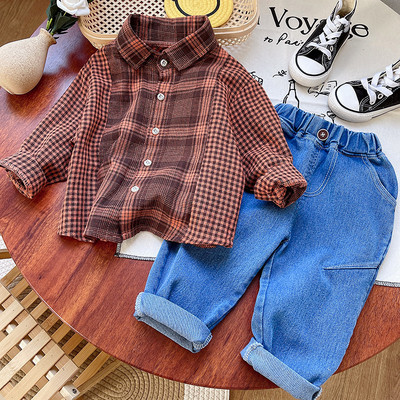 Korea kevadised beebide sügisriided 2023 pikkade varrukatega ruudulised särgid Teksad Püksid Kaheosalised ülikonnad 1–5-aastastele poistele