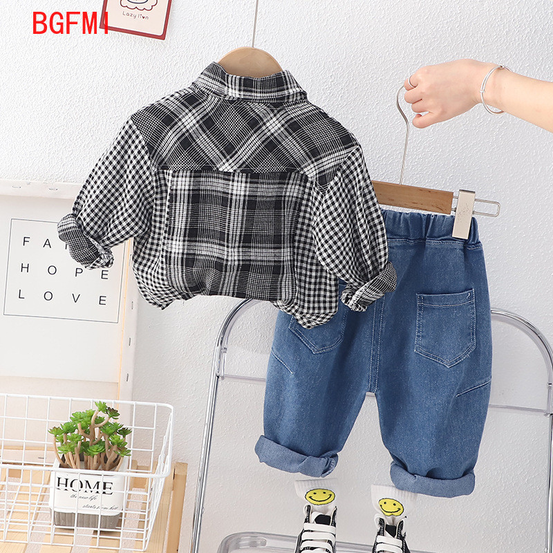 Korea kevadised beebide sügisriided 2023 pikkade varrukatega ruudulised särgid Teksad Püksid Kaheosalised ülikonnad 1–5-aastastele poistele