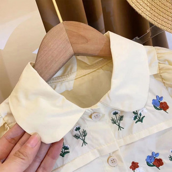 Melario 2023 Пролетни и есенни модни ризи за момичета Детски поло топ с бродирани цветя + комплект клинове с дантелени ръбове Комплект сладко момиче
