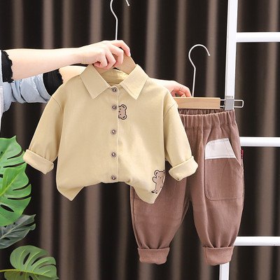 Îmbrăcăminte coreeană pentru copii pentru băieți, primăvară, toamnă, cămașă cu mânecă lungă, urs din desene animate, pantaloni casual, costum din două piese, haine pentru copii pentru bărbați
