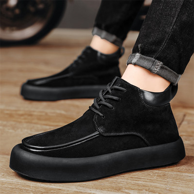 Cizme negre pentru bărbați, cu șireturi, pantofi pentru bărbați, în aer liber, din piele de căprioară artificială, până la glezne, cu talpă groasă, pentru bărbați, cizme scurte rezistente la uzură.