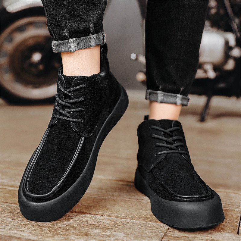 Cizme negre pentru bărbați, cu șireturi, pantofi pentru bărbați, în aer liber, din piele de căprioară artificială, până la glezne, cu talpă groasă, pentru bărbați, cizme scurte rezistente la uzură.