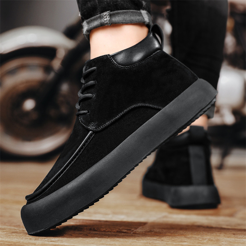 Cizme negre pentru bărbați, cu șireturi, pantofi pentru bărbați, în aer liber, din piele de căprioară artificială, până la glezne, cu talpă groasă, pentru bărbați, cizme scurte rezistente la uzură.