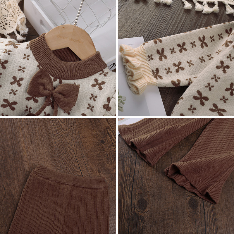 Melario tüdrukute kampsunite komplektid 2023. aasta talvine kudumiskomplekt tüdrukutele, geomeetrilise mustriga vibu juuksekumm, ülaosa + silmkoelised püksid, kaheosaline komplekt