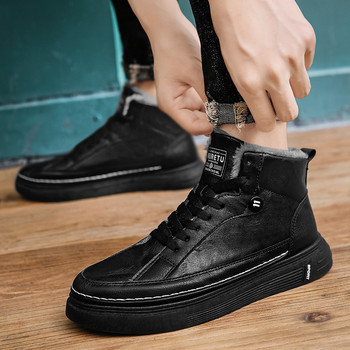 Зимни плюс кадифени плоски мъжки ботуши 2023 Обувки за мъже Високи топли памучни обувки Класически черни неплъзгащи се външни ботуши с връзки