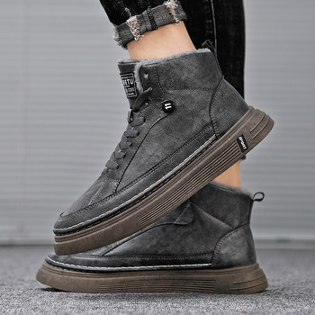Зимни плюс кадифени плоски мъжки ботуши 2023 Обувки за мъже Високи топли памучни обувки Класически черни неплъзгащи се външни ботуши с връзки