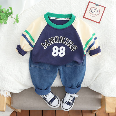 Κορεατικά βρεφικά ρούχα φθινοπωρινή άνοιξη παιδικό τοπ και κάτω σετ με μακρυμάνικο εμπριμέ γράμμα Φούτερ Τζιν παντελόνι Κοστούμι δύο τεμαχίων