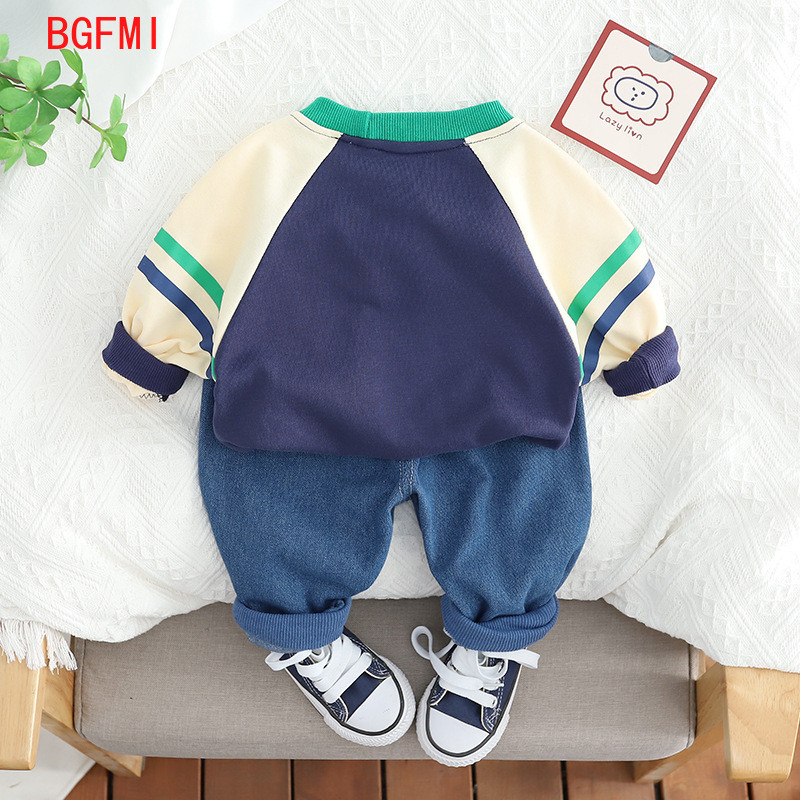 Κορεατικά βρεφικά ρούχα φθινοπωρινή άνοιξη παιδικό τοπ και κάτω σετ με μακρυμάνικο εμπριμέ γράμμα Φούτερ Τζιν παντελόνι Κοστούμι δύο τεμαχίων