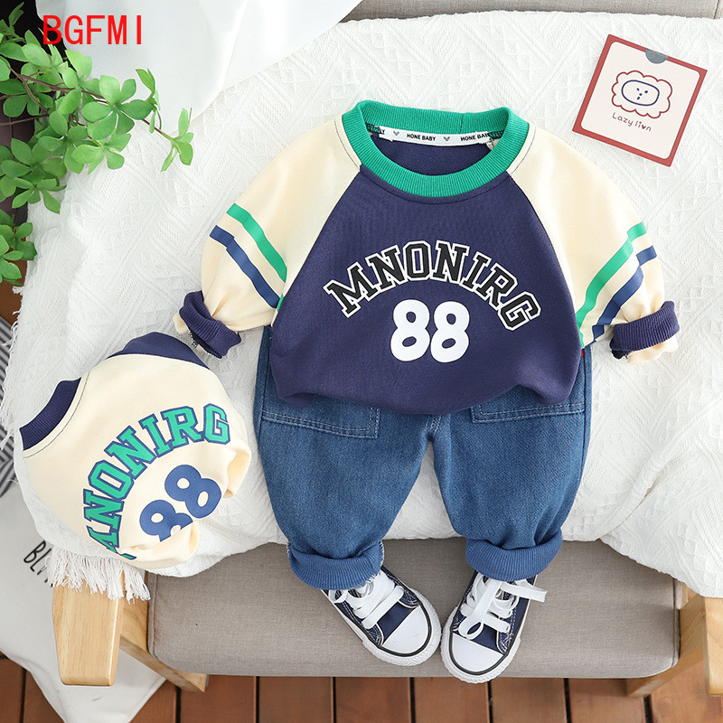 Κορεατικά βρεφικά ρούχα φθινοπωρινή άνοιξη παιδικό τοπ και κάτω σετ με μακρυμάνικο εμπριμέ γράμμα Φούτερ Τζιν παντελόνι Κοστούμι δύο τεμαχίων