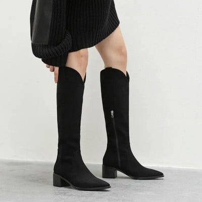 Cizme înalte pe coapse pentru femei Cizme înalte până la genunchi din piele de căprioară artificială pentru damă, cu toc negru, sexy, cu vârf ascuțit, cizme de cowboy occidentale de designer