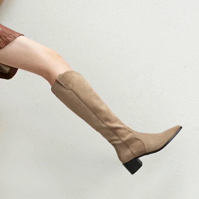 Cizme înalte pe coapse pentru femei Cizme înalte până la genunchi din piele de căprioară artificială pentru damă, cu toc negru, sexy, cu vârf ascuțit, cizme de cowboy occidentale de designer