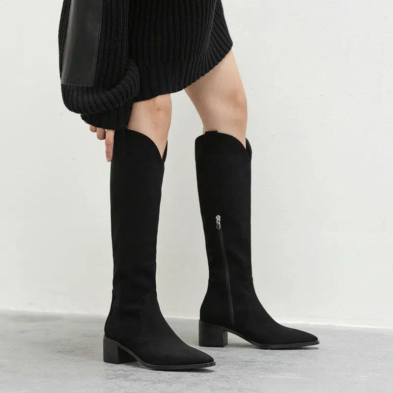 Cizme înalte pe coapse pentru femei Cizme înalte până la genunchi din piele de căprioară artificială pentru damă, cu toc negru, sexy, cu vârf ascuțit, cizme de cowboy occidentale de designer