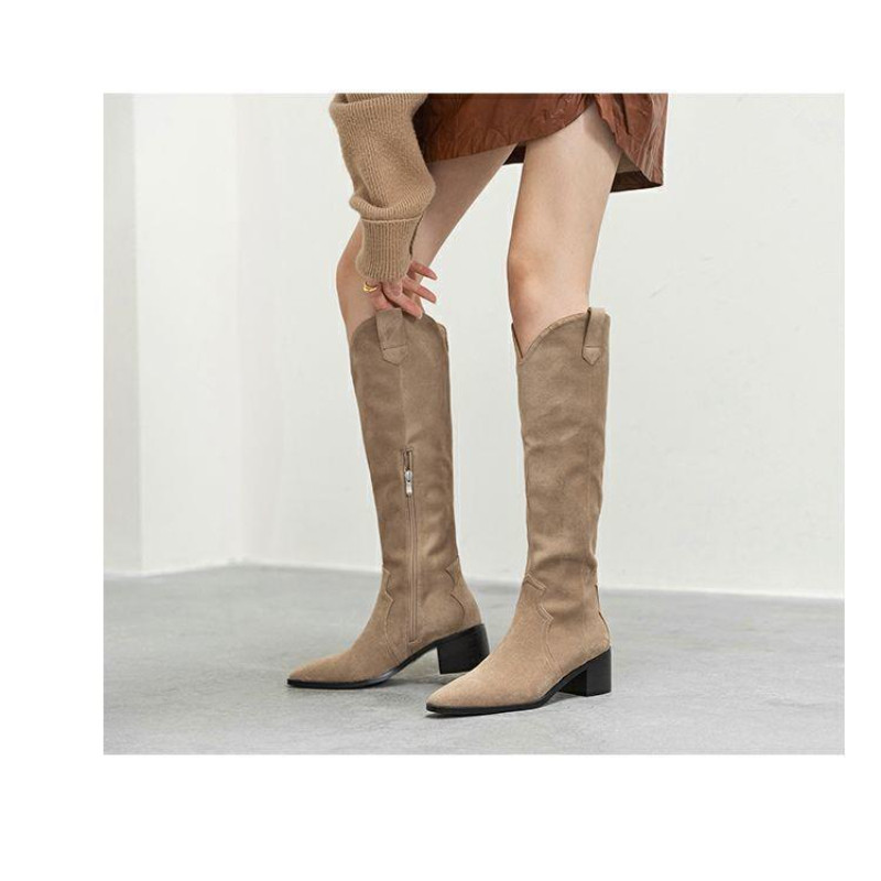 Cizme înalte pe coapse pentru femei Cizme înalte până la genunchi din piele de căprioară artificială pentru damă, cu toc negru, sexy, cu vârf ascuțit, cizme de cowboy occidentale de designer