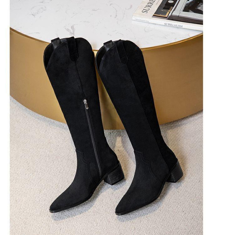 Cizme înalte pe coapse pentru femei Cizme înalte până la genunchi din piele de căprioară artificială pentru damă, cu toc negru, sexy, cu vârf ascuțit, cizme de cowboy occidentale de designer