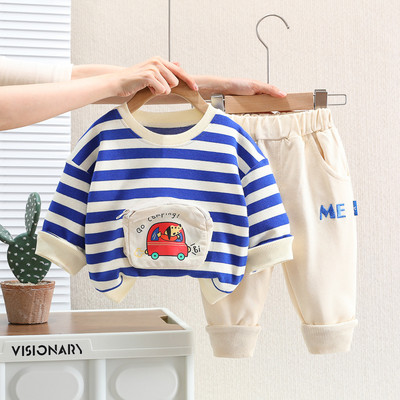 Κορεατικά βρεφικά φθινοπωρινά ρούχα 2023 Άνοιξη κινουμένων σχεδίων με ριγέ φούτερ με ριγέ φούτερ Φούτερ παντελόνι φόρμας δύο τεμαχίων φορέματα για παιδιά αγόρια