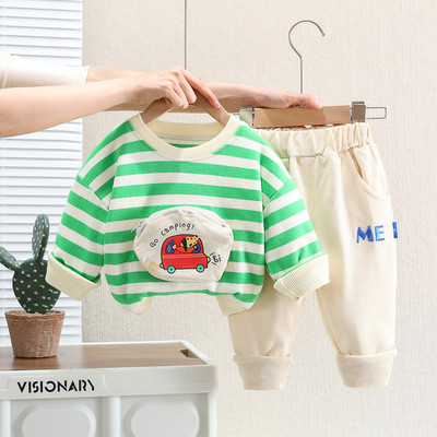 Κορεατικά βρεφικά φθινοπωρινά ρούχα 2023 Άνοιξη κινουμένων σχεδίων με ριγέ φούτερ με ριγέ φούτερ Φούτερ παντελόνι φόρμας δύο τεμαχίων φορέματα για παιδιά αγόρια