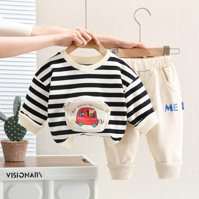 Κορεατικά βρεφικά φθινοπωρινά ρούχα 2023 Άνοιξη κινουμένων σχεδίων με ριγέ φούτερ με ριγέ φούτερ Φούτερ παντελόνι φόρμας δύο τεμαχίων φορέματα για παιδιά αγόρια