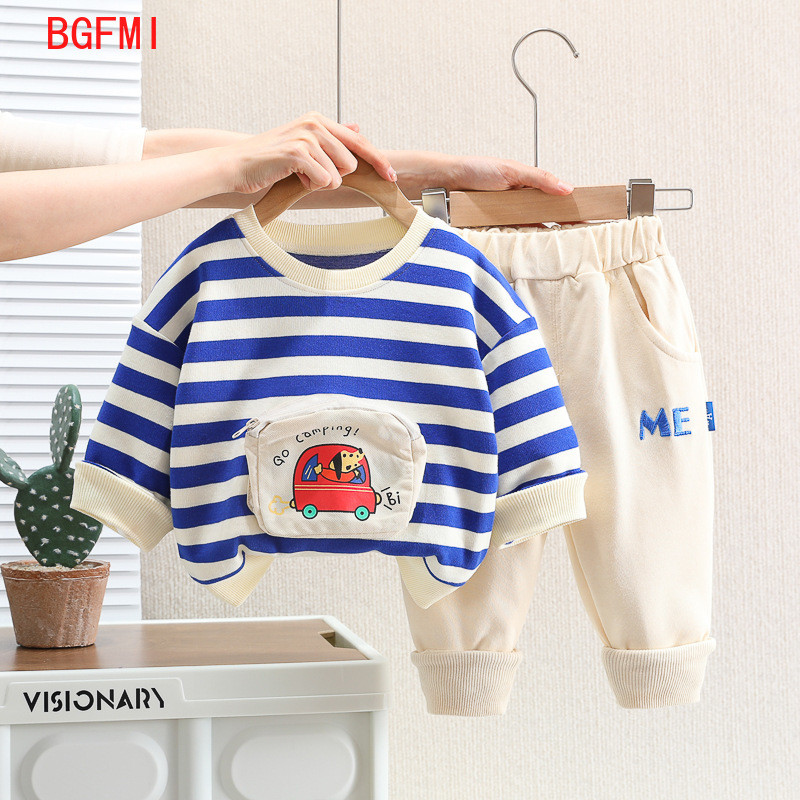 Κορεατικά βρεφικά φθινοπωρινά ρούχα 2023 Άνοιξη κινουμένων σχεδίων με ριγέ φούτερ με ριγέ φούτερ Φούτερ παντελόνι φόρμας δύο τεμαχίων φορέματα για παιδιά αγόρια