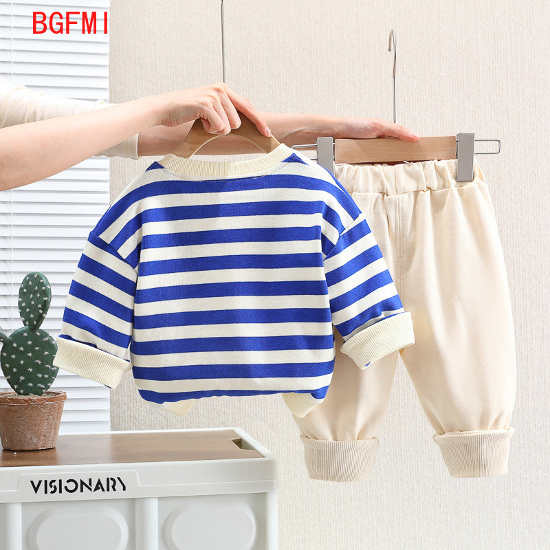 Κορεατικά βρεφικά φθινοπωρινά ρούχα 2023 Άνοιξη κινουμένων σχεδίων με ριγέ φούτερ με ριγέ φούτερ Φούτερ παντελόνι φόρμας δύο τεμαχίων φορέματα για παιδιά αγόρια