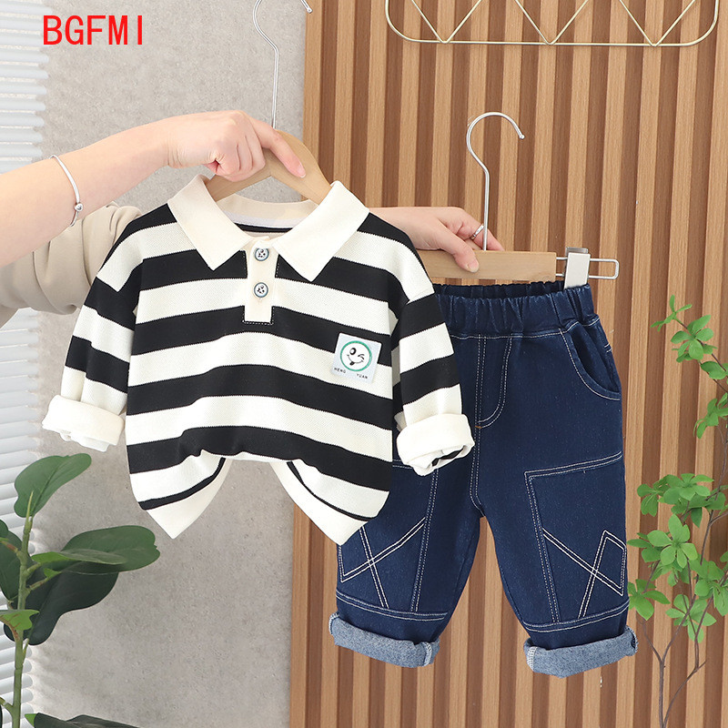 Korea Lasteriided Kevad-sügis pikkade varrukatega triibuline dressipluus Teksad Püksid Kaheosaline ülikond Laste ülaosa ja alaosa 1-5Y