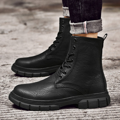 Cizme pentru bărbați cu fermoar lateral la jumătatea gambei Pantofi noi pentru bărbați cu vârf rotund retro Cizme cu platformă de dimensiuni mari Cizme pentru bărbați ocazionale rezistente la uzură