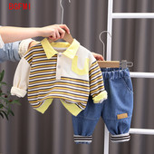 Κορεατικά ανοιξιάτικα βρεφικά ρούχα φθινοπώρου 2023 Μακρυμάνικο φούτερ ριγέ Τζιν παντελόνι Κοστούμι δύο τεμαχίων Παιδικό τοπ και κάτω σετ