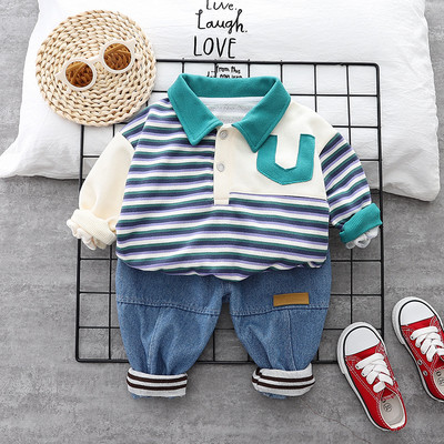 Κορεατικά ανοιξιάτικα βρεφικά ρούχα φθινοπώρου 2023 Μακρυμάνικο φούτερ ριγέ Τζιν παντελόνι Κοστούμι δύο τεμαχίων Παιδικό τοπ και κάτω σετ