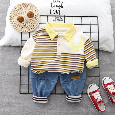 Κορεατικά ανοιξιάτικα βρεφικά ρούχα φθινοπώρου 2023 Μακρυμάνικο φούτερ ριγέ Τζιν παντελόνι Κοστούμι δύο τεμαχίων Παιδικό τοπ και κάτω σετ