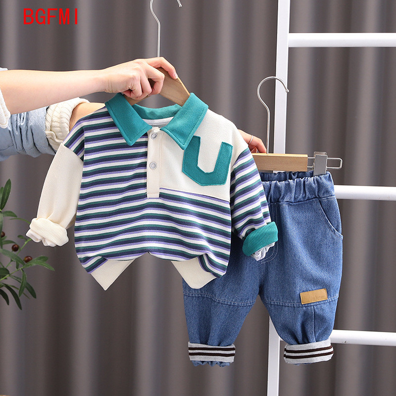 Κορεατικά ανοιξιάτικα βρεφικά ρούχα φθινοπώρου 2023 Μακρυμάνικο φούτερ ριγέ Τζιν παντελόνι Κοστούμι δύο τεμαχίων Παιδικό τοπ και κάτω σετ