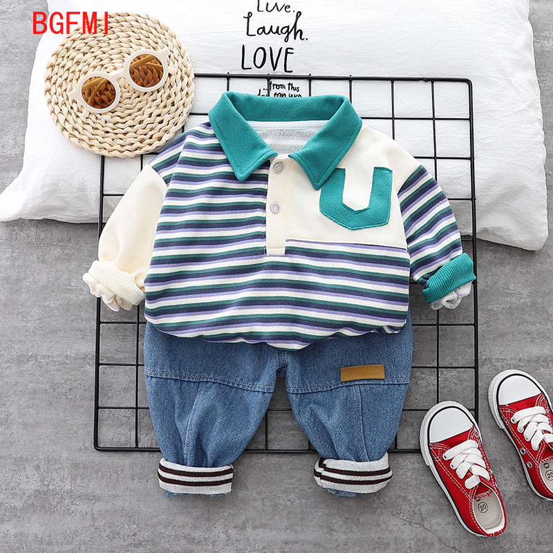 Κορεατικά ανοιξιάτικα βρεφικά ρούχα φθινοπώρου 2023 Μακρυμάνικο φούτερ ριγέ Τζιν παντελόνι Κοστούμι δύο τεμαχίων Παιδικό τοπ και κάτω σετ