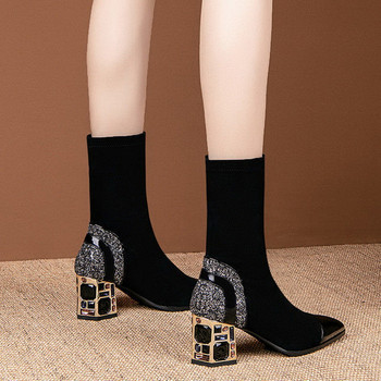 Тънки къси ботуши Дамски ботуши до средата на прасеца Еластичен плат Дамски зимни обувки с квадратен ток с кристали Черни дамски обувки