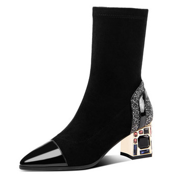 Тънки къси ботуши Дамски ботуши до средата на прасеца Еластичен плат Дамски зимни обувки с квадратен ток с кристали Черни дамски обувки