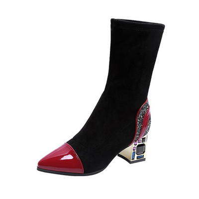 Cizme scurte subțiri Cizme de la jumătatea gambei pentru femeie, țesătură elastică, cu strasuri, toc pătrat, pantofi de iarnă pentru femei, încălțăminte neagră pentru femei