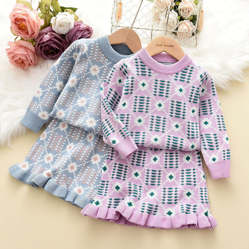 Πλεκτό Πλεκτό Πουλόβερ Melario Κοριτσίστικο Σετ 2023 Χειμώνας Φθινόπωρο καρό Πουλόβερ μακρυμάνικο Πουλόβερ και Δαντέλα Φούστα Δύο τεμάχια Παιδικά Ρούχα